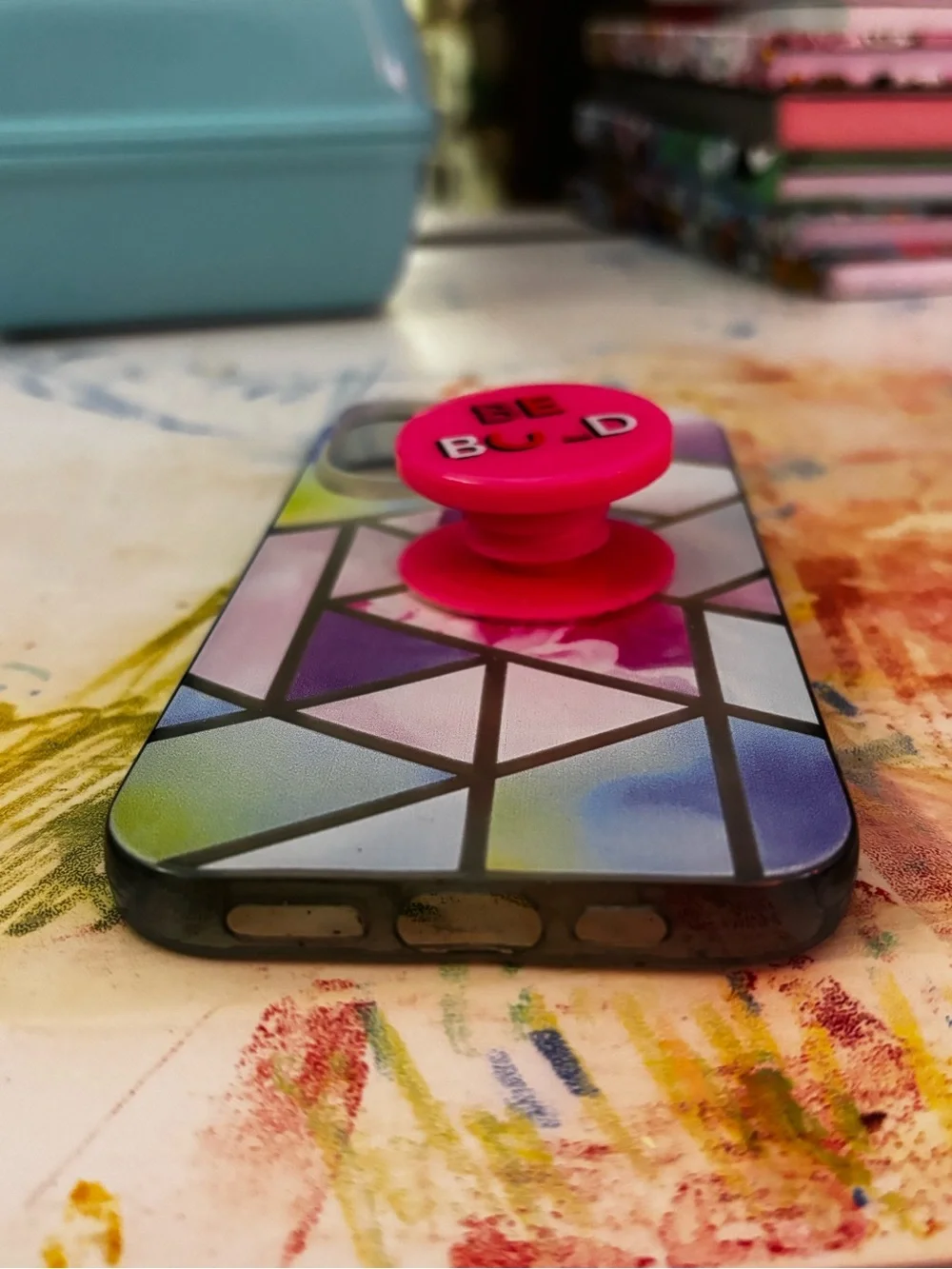 iPhone 15 Case with Pink BE BOLD Pop Socket- Geometric Pastel Design